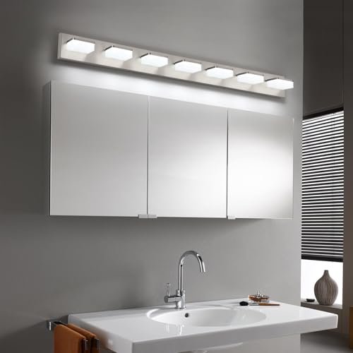 7-Light Bathroom Vanity Light Fixture Over Mirror, Nickel LED Vanity Lighting Fixtures, 45.67 inch Modern Bathroom Wall Light Fixtures with Rotating Lamp Head - size: 7-Light,46Inch