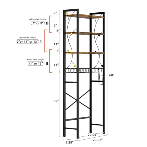 Over-The-Toilet Storage Rack, 4-Tier Bathroom Organizer Shelf Over Toilet with Adjustable Shelf and Basket, Freestanding Space Saver Bathroom Shelves Above Toilet for Room (Rustic Brown) - color: Brown