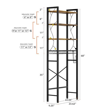 Over-The-Toilet Storage Rack, 4-Tier Bathroom Organizer Shelf Over Toilet with Adjustable Shelf and Basket, Freestanding Space Saver Bathroom Shelves Above Toilet for Room (Rustic Brown) - color: Brown