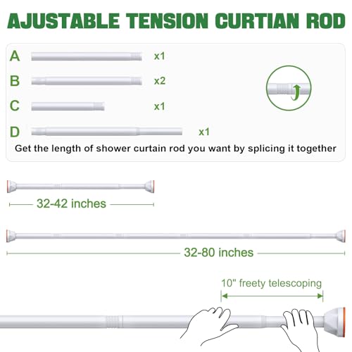 TITGIPE White Shower Curtain Rod 32-80 inch, Adjustable shower rods for bathroom, Stainless Steel, Never Rust, No Drill - color: white, size: 32-80 inches