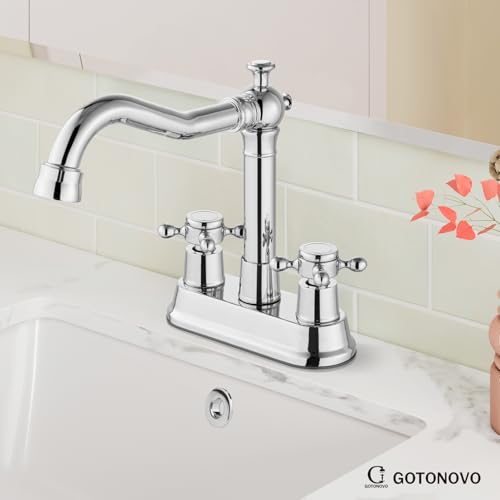 gotonovo 4 Inch Centerset Bathroom Faucet 2 Cross Handles Deck Mount 2 Hole Lavatory Vanity Utility Mixer Tap with Water Supply Hoses and Pop Up Drain RV Farmhouse, Polish Chrome - color: Polish Chrome