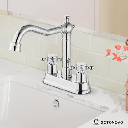 gotonovo 4 Inch Centerset Bathroom Faucet 2 Cross Handles Deck Mount 2 Hole Lavatory Vanity Utility Mixer Tap with Water Supply Hoses and Pop Up Drain RV Farmhouse, Polish Chrome - color: Polish Chrome
