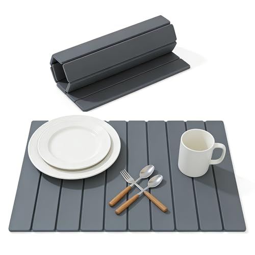 Stone Dish Drying Mat for Kitchen Counter – Super Absorbent Diatomaceous Earth Dish Drying Mat, Grey Kitchen Counter Mats for Dishes ,Bottles, Cups, Match Any Countertop