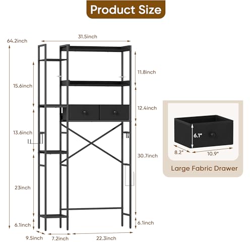 Over The Toilet Storage with 2 Drawers - 7 Tier Bathroom Organizer with Adjustable Shelf, Freestanding Space Saver Storage Rack Above Toilet Stand with Hooks for Small Restroom, Laundry(Black) - size: 7 Tier-Black