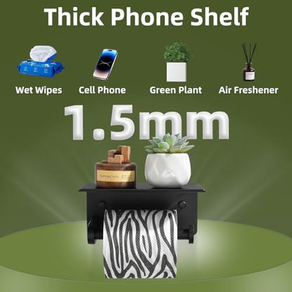Toilet Paper Holder with Phone Shelf, APLusee SUS 304 Stainless Steel Bathroom Tissue Holder, Wall Mounted Roll Paper Dispenser, Matte Black - color: Matte Black, size: Single Rod