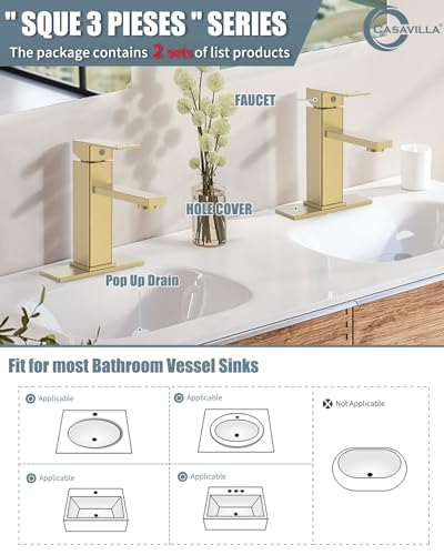 Bathroom Sink Faucet, Brushed Gold Bathroom Faucet 3 Hole with Pop-up Drain and Vessel Sink Hole Cover 6", Stainless Steel Single Handle Faucets for Bathroom Sink-2 Sets - color: 5.Brushed Gold(New), style: Short*2