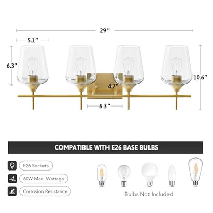 VONLUCE 4 Light Bathroom Vanity Light Fixture,Brushed Gold | Wine Glass Shades, E26 Sockets, Easy to install, Vanity Lights for Bathroom Bedroom Hallway Living Room - color: Gold, size: 4-Light