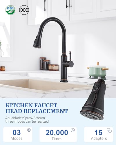 Kitchen Faucet Replacement Spray Head - with 15 Adapters, Oil Rubbed Bronze | Pull Down Kitchen Sink Faucet Sprayer Head, 3-Function Nozzle Stream/Spray/Blade, Easy to Install, Compatible with Moen Delta - color: Oil Rubbed Bronze