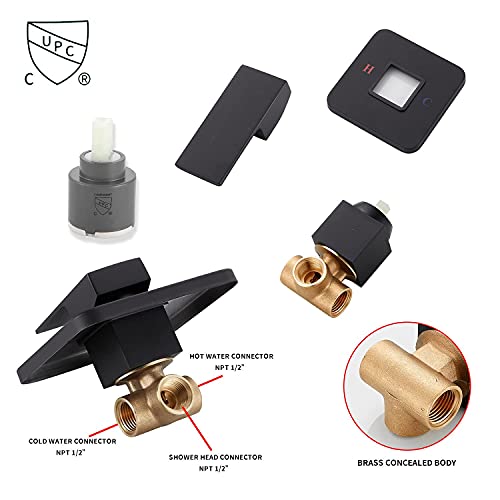 Black Shower Faucet GGStudy Single Function Shower Trim Kit with Rough-in Valve Shower Set Bath Rainfall Shower Faucet System 8inch Square Stainless Steel Metal Shower Head - color: Black, style: Square
