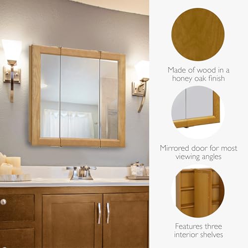 Design House Claremont Tri-View Medicine Cabinet, 30", Honey Oak | Wall Mount, Transitional, Wood, Bath, 545301-HOK - color: Honey Oak, size: 30 in. W x 30 in. H