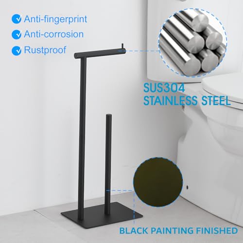 FFK Toilet Paper Holder Free Standing, 21.5" Bathroom Toilet Tissue Roll Holder Stand with Storage, SUS304 Stainless Steel Rustproof - color: Black
