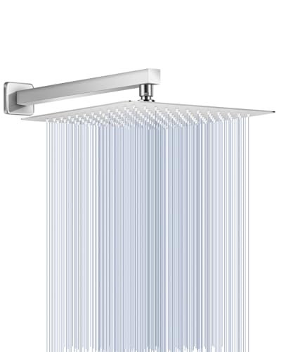 Rain Shower Head with Extension Arm Polished Chrome, 12" Rainfall Square Showerhead with 16" Shower Arm All Stainless Steel, 144 Outlets Waterfall Full Body Coverage - color: Chrome Polished