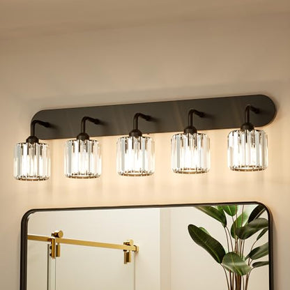 Keonjinn 5-Light Bathroom Light Fixtures, Crystal Black Bathroom Vanity Lights Over Mirror, Vanity Lighting Fixtures with Crystal Square Shades (E26 Socket, Exclude Bulb) - color: Black, size: 5-Light