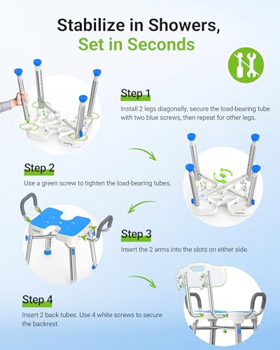 FULLOT H-Shaped Shower Chair for Easy Cleaning, Stable X-Bracing, 500 lbs | Heavy Duty Adjustable Shower Stool with Padded Back & Arms for Elderly & Disabled, Non-Slip Feet, Thicker Legs, Tool-Free