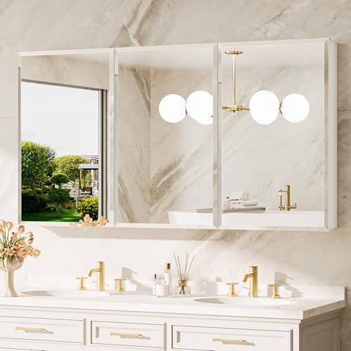 TokeShimi 60 x 32 Medicine Cabinet with Mirror, Assembly Required, White Medicine Cabinet for Bathroom, Stepless Adjustable Shelves, DTC Hinge, HD Tempered Glass, Recessed/Surface-Mounted - color: White, size: 60x32 in