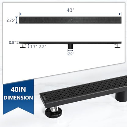 Neodrain 40" Linear Shower Drain, Matte Black 304 SS Bathroom Linear Drain | Black Shower Drain with Quadrato Grate& Adjustable Feet, Long Rectangle Shower Floor Drain in Bathroom, Balcony etc, cUPC - color: Matte Black, size: 40 In