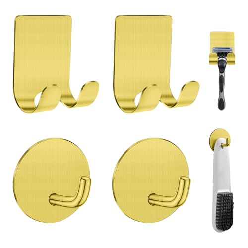 Razor Holder for Shower + Adhesive Wall Hooks, Premium 304 Stainless Steel Shower Razor Holder with Heavy Duty Waterproof Sticky Hooks for Hanging Towels, Coat, hat (2+2 Pack)-Gold - color: Gold-4pcs