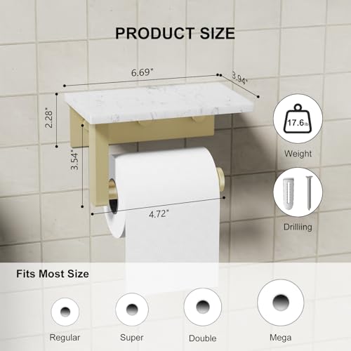Brushed Gold Toilet Paper Holder with Marble Shelf Tissue Roll Holder | 304 Stainless Steel Wall Mounted Toilet Paper Roll Holder Screw-Mounted Tissue Holder for Bathroom Washroom by BATHLAVISH - color: Brushed Gold