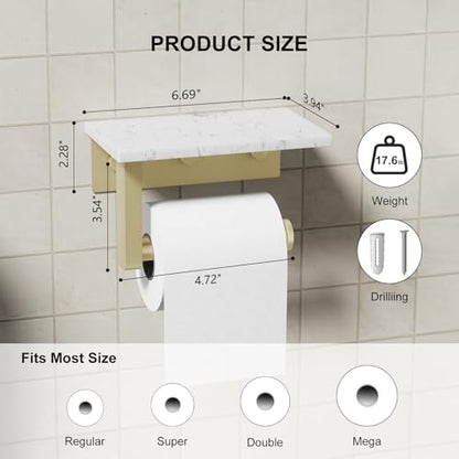 Brushed Gold Toilet Paper Holder with Marble Shelf Tissue Roll Holder | 304 Stainless Steel Wall Mounted Toilet Paper Roll Holder Screw-Mounted Tissue Holder for Bathroom Washroom by BATHLAVISH - color: Brushed Gold
