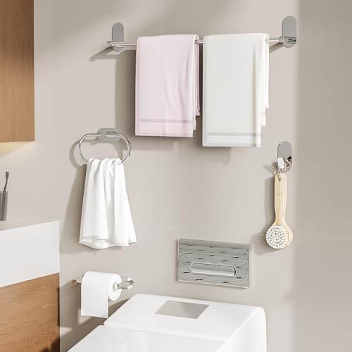 Self Adhesive Towel Bar for Bathroom 24ich Stainless Steel and Zinc Alloy No Drill Towel Rack Heavy Duty Hanger Stick On Hand Towel Holder for Kitchen, Cabinet, Door, Shower, Polished Chrome - color: Polished Chrome