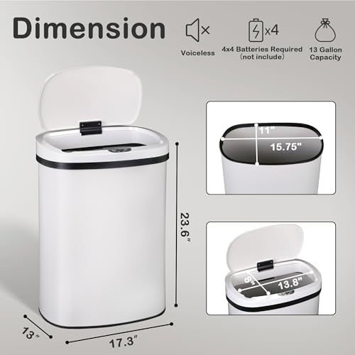 Kitchen Trash Can, 13 Gallon Automatic Can with Lid and Motion Sensor Office Bedroom Bathroom Living Room, Touchless Metal Lid, WHITE, 17.3 x 13 x 23.6 - color: WHITE