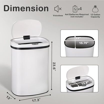 Kitchen Trash Can, 13 Gallon Automatic Can with Lid and Motion Sensor Office Bedroom Bathroom Living Room, Touchless Metal Lid, WHITE, 17.3 x 13 x 23.6 - color: WHITE