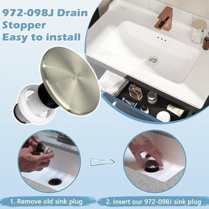 972-098J Plumbing-Equipment Brushed Nickel Drain Sink Stopper | 972098J Drain Sink Plug Part Push & Seal Drain Stopper Assembly 35338-06XX