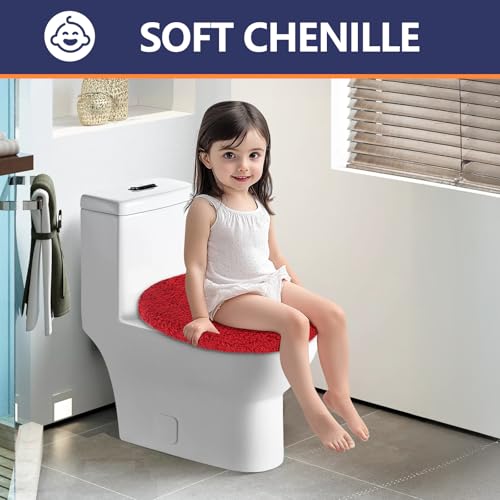 Soft Microfiber Toilet Lid Cover 17.5" x 15" Machine Washable | Solid Toilet Seat Cover Adjustable Rubber Backing Fits Most 16 -17.5" L x 14-16" W Round Oblong and Elongated Toilet Seat - color: Red