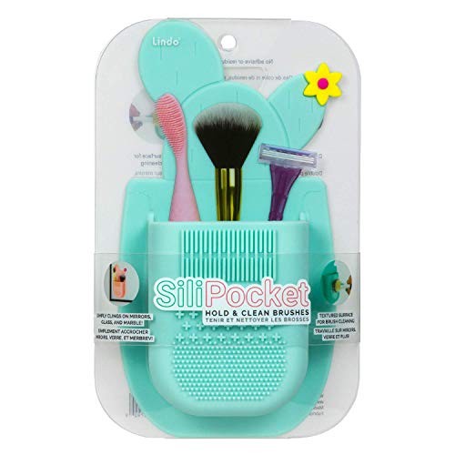 Lindo SiliPocket Silicone Makeup Brush Holder - Toothbrush Holder, Included Brush Cleaning Pad, Extra Strong Self-Adhesive Sticks Easy to Mirrors (Blue) - color: Blue