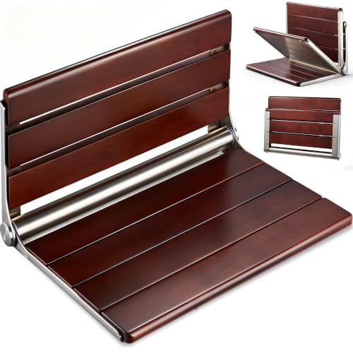 [Upgraded Version] 18" ADA Compliant Folding Teak Shower Seat Wall Mounted-Folding Shower Bench, Folding Shower Seat for Inside Shower, Teak Foldable Shower Chair, Fold Down Shower Seat, Max 400lbs - size: 18.4*13.4*10.3 Inch Teak
