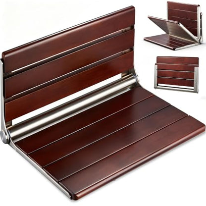 [Upgraded Version] 18" ADA Compliant Folding Teak Shower Seat Wall Mounted-Folding Shower Bench, Folding Shower Seat for Inside Shower, Teak Foldable Shower Chair, Fold Down Shower Seat, Max 400lbs - size: 18.4*13.4*10.3 Inch Teak