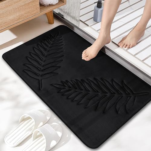 Bath Mat Washable 24" x 16" Super Absorbent Bathroom Rugs Soft Memory Foam Bath Mat Quick Dry Non-Slip Bathroom Carpet for Bedroom Shower and Tub, Black