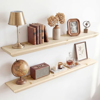 Acovy 36in Solid Spruce Wood Floating Shelves with Beveled Bottom Edges, Wooden Floating Shelf with Heavy-Duty Bracket for Living Room Bathroom Bedroom Kitchen, Rustic Natural, DIY Available, 2 Packs - color: Rustic Natural, size: 36"-2 Packs