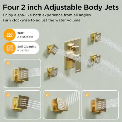 Shower Systems with 4 Body Spray Jets, STARBATH 4 Way 12+6" Rainfall Shower Head with Handheld Combo, Ceiling Mounted Shower Jets System in Wall Shower Faucet Sets Complete,Brushed Gold - color: Gold, size: 6"+12"-01