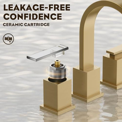 Brushed Gold Bathroom Faucet 8 Inch Widespread 3 Hole 2 Handle,Waterfall Swivel Spout Bathroom Sink Faucet with Pop Up Drain and Water Supply Line,WF011-BG - color: Brushed Gold-8 IN