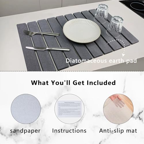 Large Stone Diatomaceous Dish Drying Mat/Rack, 24"×16", Light Gray | Collapsible Water Absorbing & Super Heat Resistant Diatomaceous Dish Drying Rack for Kitchen Counte, 5 Colors Available