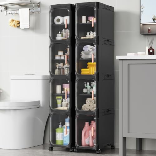 BROVIEW 8-Tier Narrow Storage Cabinet Organizer Slim Bathroom Cabinets, Adjustable Fridge & Vanity Gap Storage, Black - color: Black, size: 8-Tier-8.5"W