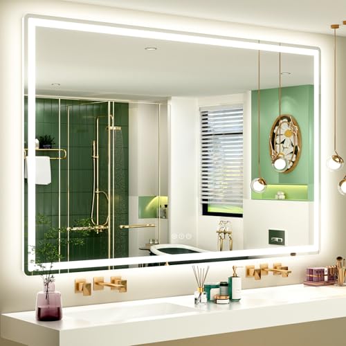 SMIROR 60x40 LED Lighted Bathroom Vanity Mirror with Lights for Wall | Front Lit and Backlit, Rounded-Corner Rectangle, 3 Color, Anti-Fog, Memory, Tempered Glass, UL, Horizontally/ Vertically - color: Frameless, size: 60"L x 40"W