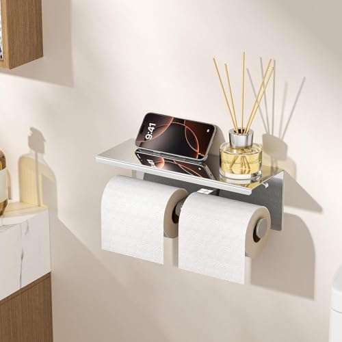 FORIOUS Toilet Paper Holder with Shelf, Commercial Toilet Paper Dispensers | Chrome | Wall Mount Bathroom Tissue Holder | SUS304 Stainless Steel Rustproof | Double Tissue Roll Holder - color: Chrome