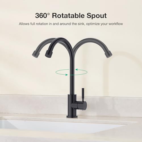 CREA Matte Black Faucet for Kitchen Bar Outdoor Sink 1 Hole 3Holes(with Deck Plate)，High Arc 360°Swivle Single Handle Tap Brushed 304 Stainless Steel - color: Black, style: Mixed water pipe