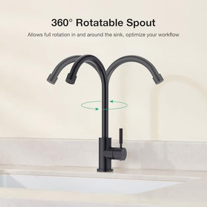 CREA Matte Black Faucet for Kitchen Bar Outdoor Sink 1 Hole 3Holes(with Deck Plate)，High Arc 360°Swivle Single Handle Tap Brushed 304 Stainless Steel - color: Black, style: Mixed water pipe