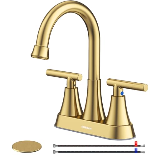 Brushed Gold Bathroom Faucet, Hurran 4 inch Centerset 2-Handle Lead-Free | Bathroom Sink Faucet with Pop-up Drain and Supply Lines, Stainless Steel Faucet for Vanity RV Restroom Laundry Outdoor Sink - color: Brushed Gold