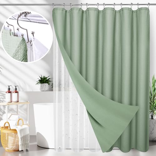 LaCyan Waterproof Waffle Shower Curtain, 258GSM Heavy Duty 3 Piece Set with Clear Liner and 6 Stainless Steel Hooks, Polyester Fabric Shower Curtains for Bathroom, Machine Washable, 72x72 Inch, Green - color: Green, size: 72"W x 72"L (Pack of 1)