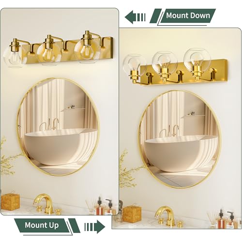 3 Light Bathroom Light Fixtures-Brushed Gold Bathroom Vanity Lights, Modern Vanity Lights 3-Light Bathroom Lighting Fixtures Over Mirror with Clear Glass Globe Shade - color: Gold, size: 3-Light