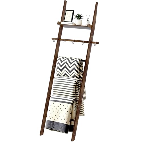6-Tier Farmhouse Wooden Blanket Ladder with Shelf and Hooks Dark Brown | Rustic Quilt Towel Rack Decorative Holder Wall Leaning Storage with for Living Room Bedroom Decor