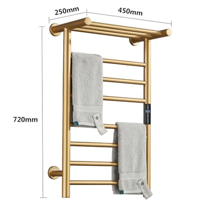 Gold Heated Towel Warmer Rack, Electric Heated Towel Drying Rack for Bathroom Radiator 70W, 7 Bar Wall Mounted Heated Towel Rail with Top Shelf Stainless steel Towel Warmer, 72*45*25Cm(Plug In)