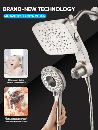 Cobbe® Dual Shower Head with Magnetic Handheld, Brushed Nickel | Rain Shower Combo, 2-in-1 Fixed & Detachable, Multiple Spray Modes, Built-in Magnet Dock, 6ft Hose - color: Brushed Nickel