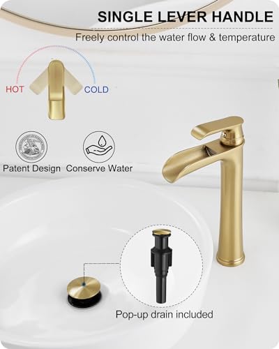 Vessel Sink Faucet, Tall Brass Waterfall Bathroom Faucet 1 Handle Gold Faucets for Bathroom Vanity 1 Hole with Pop-Up Drain & Supply Hoses - color: Brushed Gold-Noble