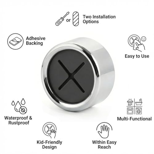 Round Adhesive Push Towel Hooks for Kitchen & Bathroom, Grey, 2 Pack – Self Adhesive Wall Hooks for Hand & Dish Towels, No Drill or Screw Mount Options