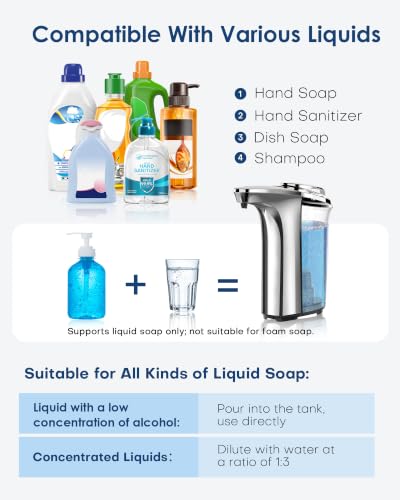 Automatic Soap Dispenser,17oz/500ml Touchless Dish Soap Dispenser | Metallic Finish,With Infrared Sensor, 5 Adjustable Soap Levels, Battery Operated, Perfect For Kitchen Bathroom Countertop